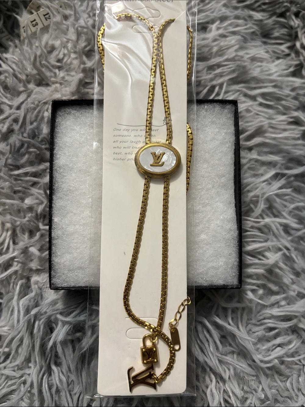 LV Gold-Tone & White Pearl Logo Long Necklace